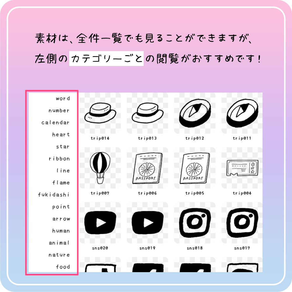 素材は、全件一覧でも見ることができますが、左側のカテゴリーごとの閲覧がおすすめです!